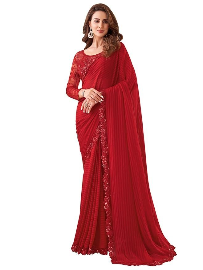 61QksKrhtJL._SY879_ Women's Self Woven, Lace Georgette Saree with Unstitched Blouse - Image 1