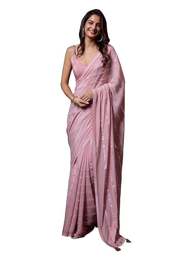 71FQ4L7wLXL._SY879_ Women's Silk Sequins Embroidery Stripted Saree with Blouse Piece - Image 1