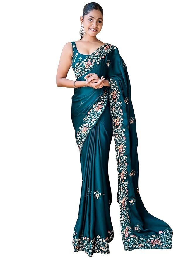 71KvOIu1MSL._SY879_ Women's Multicolor Chiffon Embroidered Saree with Unstitched Blouse - Image 1