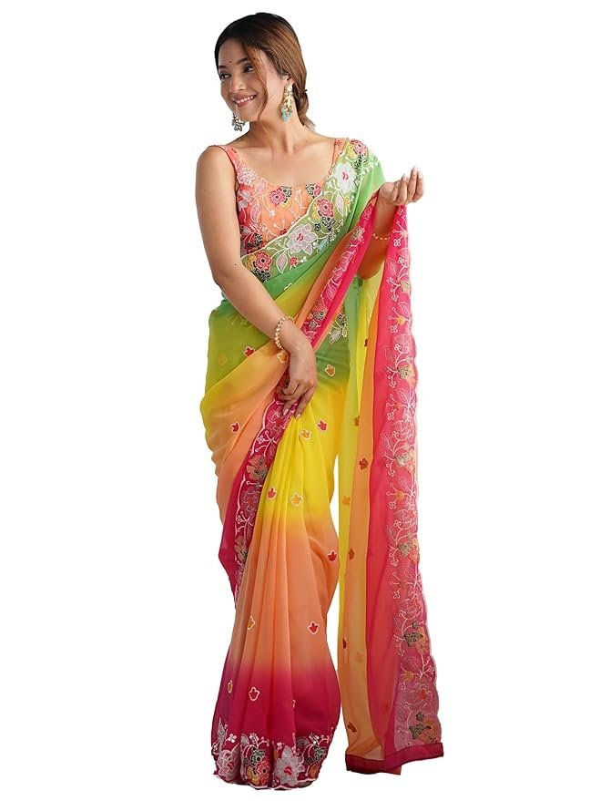 71vBfKvgukL._SY879_ Women's Multicolor Georgette Embroidered Saree With Unstitched Blouse - Image 1